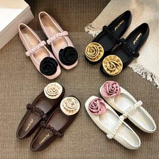 法式内增高玫瑰花方头玛丽珍小皮鞋女鞋子百搭通勤不累脚芭蕾单鞋
