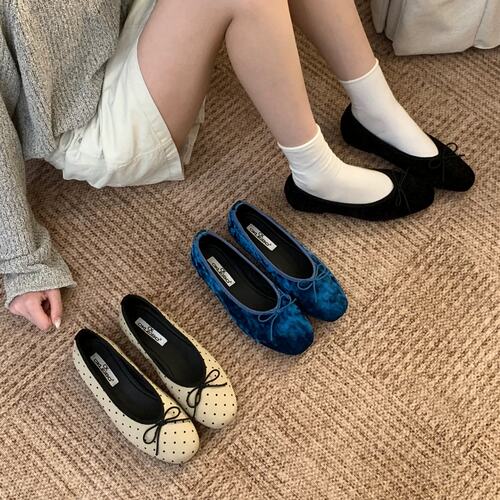 Okleibo 韩式温柔风蝴蝶结平底单鞋女浅口一脚蹬奶奶鞋软底芭蕾舞