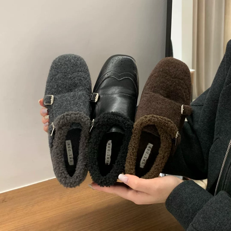 UNIDSN 韩版加绒乐福鞋女冬季厚底一脚蹬毛毛鞋休闲懒人鞋豆豆鞋
