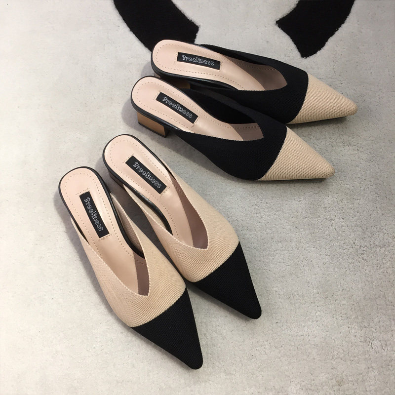 网红同款拼色飞织线尖头穆勒鞋百搭英伦风尖头粗跟半拖鞋女包头鞋