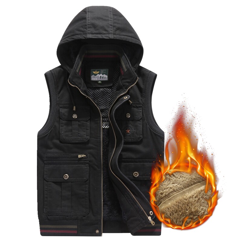 NEW MENS VEST VELVET THICKENED HOODED COTTON LARGE SIZE LOOSE CASUAL OUTDOOR MULTI-POCKET CARGO HORSE CLIP MAN