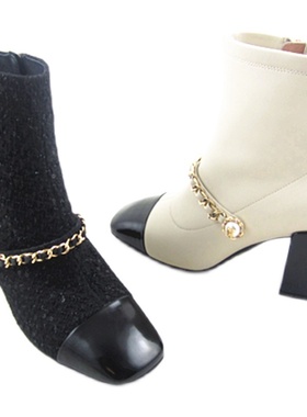 HA236005哈森2023冬季新款粗跟高跟圆头时尚链条拼色优雅时装短靴