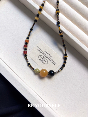 BE YOURSELF新款天然石串珠项链玛瑙黄玉彩色复古小众休闲锁骨链