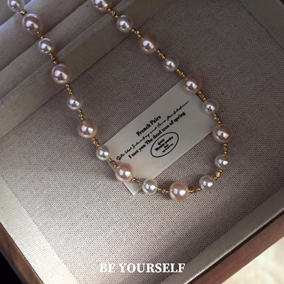 轻奢高级感粉色正圆强光施家珍珠项链女高级感百搭短款毛衣链配饰