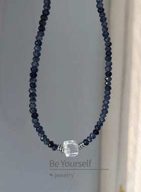 超显白深蓝色天然石水晶串珠项链女简约百搭小众个性锁骨链颈链