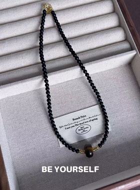 天然黑玛瑙虎眼石串珠项链女