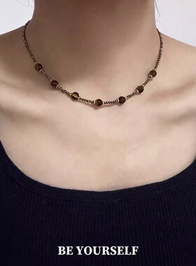 爆闪极细黄铁矿虎眼石串珠项链女