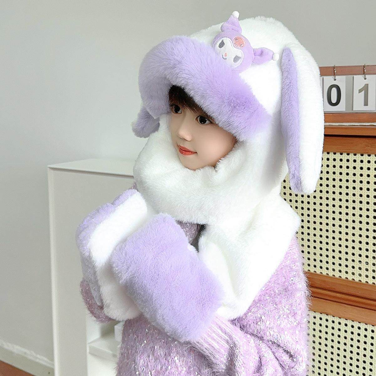 库洛米儿童帽子围脖手套一体冬季保暖防风耳朵会动新款女宝毛绒帽