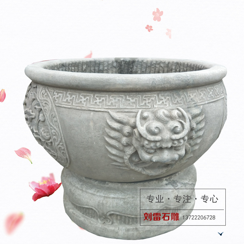 石雕花盆汉白玉仿古做旧石盆浮雕龙头鱼缸庭院大理石圆形花钵摆件