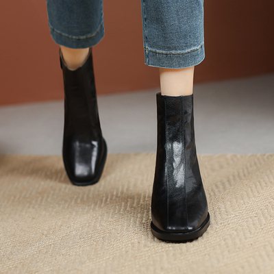 方头靴子新款真皮百搭加大码女靴