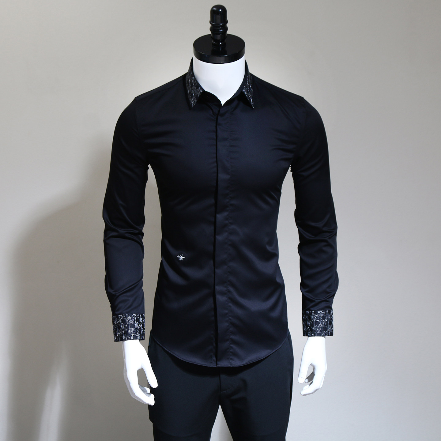 潮牌刺绣小蜜蜂袖口领免烫衬衫男韩版修身长绒棉夜店网红长袖衬衣