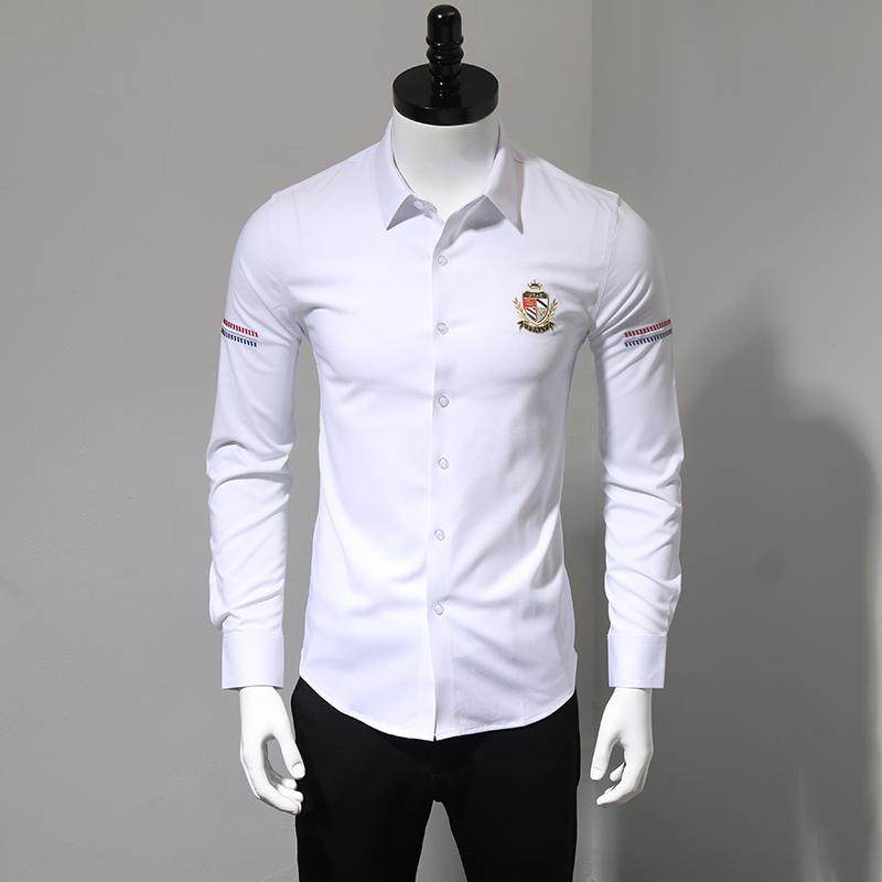 春季青年时尚潮流白衬衣修身韩版商务休闲免烫徽章刺绣长袖衬衫男