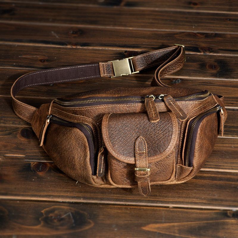 原创男士复古头层牛皮腰包休闲户外登山旅游斜跨疯马皮胸包机车包