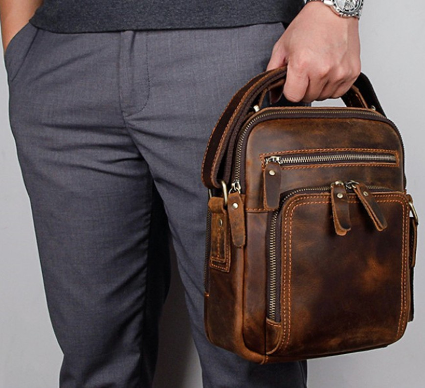 斜挎竖款休闲欧美手工复古真皮包