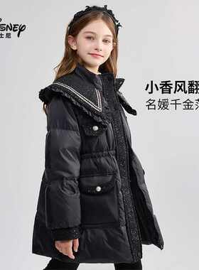 迪士尼女童羽绒服中长款2026秋冬新款儿童黑色女孩小香风羽绒外套