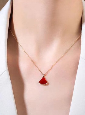 时尚S925纯银首饰小裙子项链白贝壳红玛瑙吊坠女扇形小众名媛锁骨