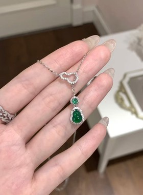 S925纯银首饰玉石危料翡翠福禄双葫芦项链天然满绿色吊坠名媛风女