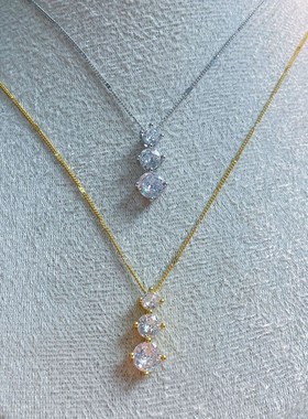 s925纯银镀黄金色新款三重奏吊坠项链镶钻爆闪三颗钻欧美风锁骨链