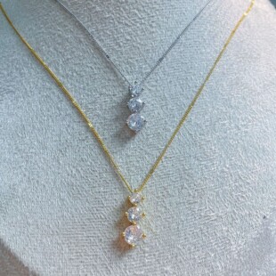 s925纯银镀黄金色新款三重奏吊坠项链镶钻爆闪三颗钻欧美风锁骨链