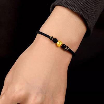 包金黄金包银饰小金珠黑曜石铜钱金色转运珠子编绳黑手绳情侣手链