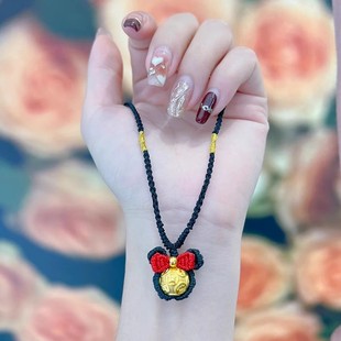 黃金包銀項鏈女黃金色金錢珠轉(zhuǎn)運珠吊墜編織米奇項鏈送女生日禮物
