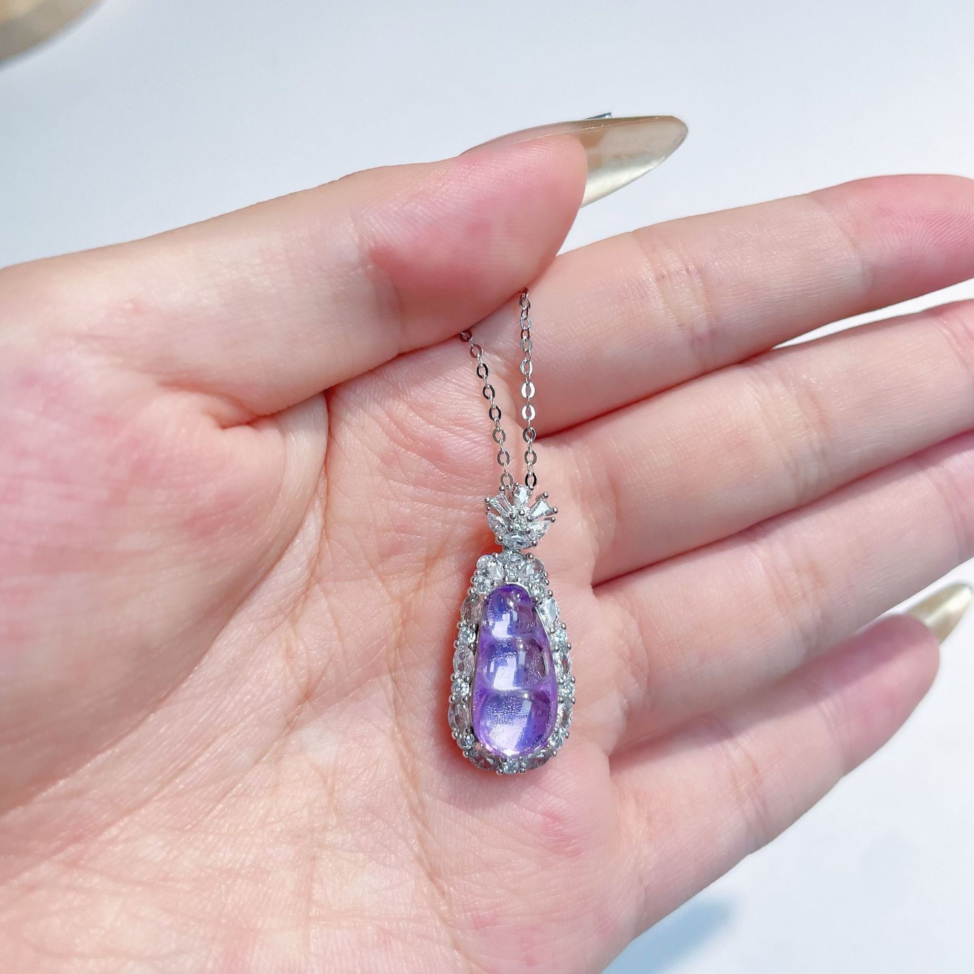 s925纯银首饰新款高冰透天然紫水晶迷你四季豆吊坠项链女锁骨链子