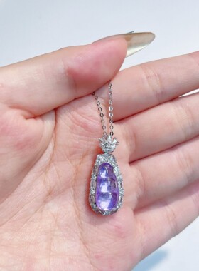 s925纯银首饰新款高冰透天然紫水晶迷你四季豆吊坠项链女锁骨链子