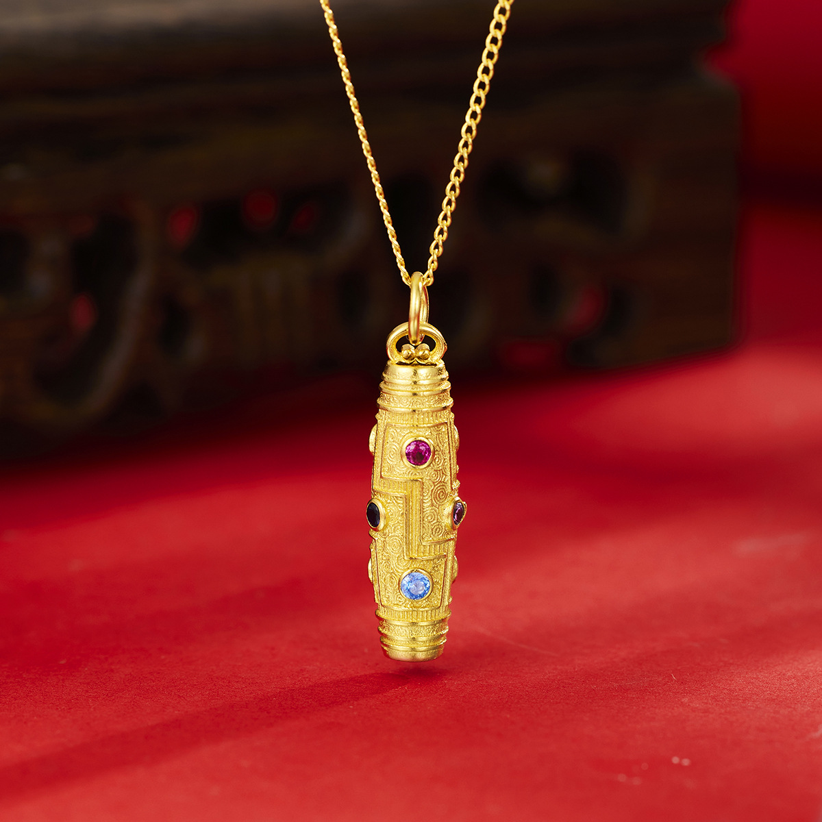 六字真言柱项链s925纯银镀黄金色镶嵌彩宝九眼天珠锁骨链女银饰品