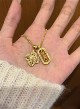 S925纯银镀黄金色韦雪同款十字花金刚杵项链镶钻貔貅吊坠锁骨链女