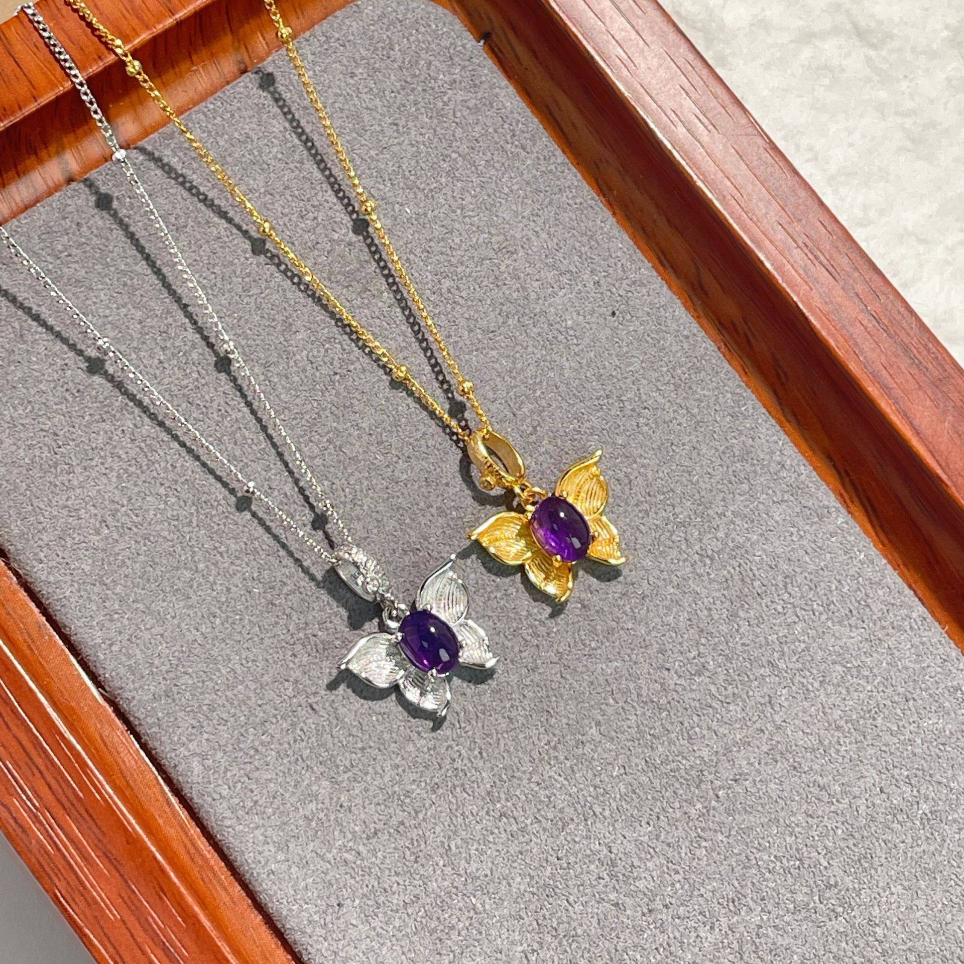 s925纯银镀黄金色首饰新款紫水晶蝴蝶吊坠项链女生时尚森系锁骨链