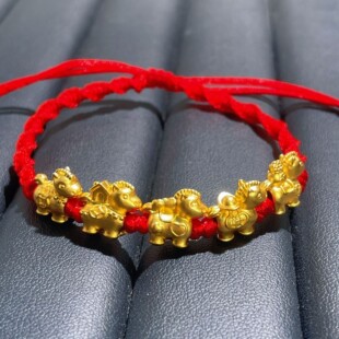 S925纯银镀黄金色五福马手串编织绳本命年生肖马发财马红手绳手链