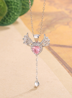 s925纯银首饰丘比特之心项链爱心粉色锆石浪漫主义天使翅膀锁骨链