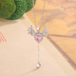 s925纯银首饰丘比特之心项链爱心粉色锆石浪漫主义天使翅膀锁骨链