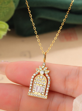 s925纯银镀黄金色新款幸福之门吊坠项链女镶白钻爆闪亮鸟笼锁骨链