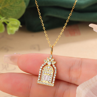 s925纯银镀黄金色新款幸福之门吊坠项链女镶白钻爆闪亮鸟笼锁骨链