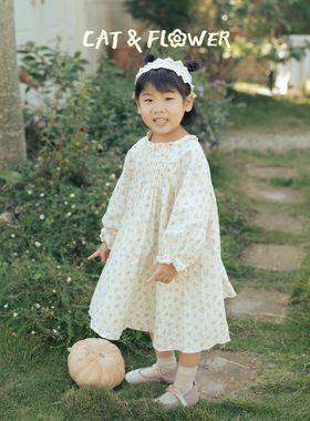 Cat&Flower女童米白秋季甜美碎花长袖连衣裙森系公主裙弹力袖口