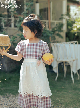 Cat&Flower女童法式田园红白格纹纯棉复古格子背心围裙女童连衣裙