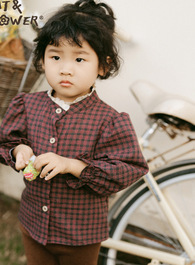 Cat&Flower儿童秋季娃娃衫中大童花边宽松复古羊毛格纹蕾丝衬衫