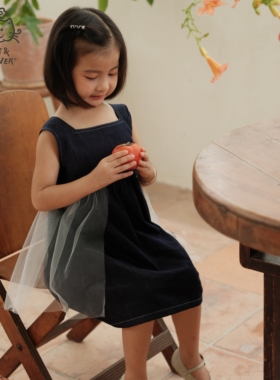 Cat&Flower童装夏季连衣裙简约日系女童牛仔裙复古休闲背带带纱裙