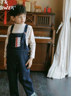 Cat&Flower童装日系秋冬儿童休闲长裤薄款直筒牛仔裤男女童背带裤