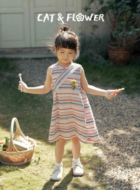 Cat&Flower女童蓝粉条纹无袖连衣裙儿童休闲复古雪尼尔飘逸中长裙