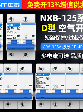 正泰D型100A空气开关NXB-125 2p 3p 4p大功率125A电机断路器80a