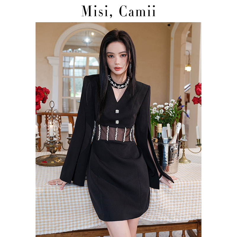 网纱钻链镂空西服礼服裙