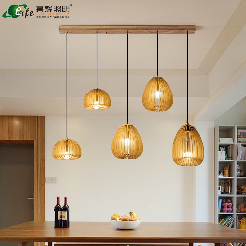 原木日式风餐厅吊灯三头茶室实木艺北欧创意复古灯具吧台餐桌南瓜_虎窝淘