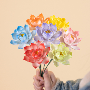 手工陶瓷荷花釉下彩仿真永生莲花束家居装饰品供佛送礼摆件插花瓶