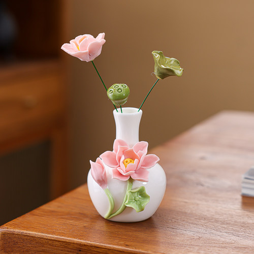景德镇手工陶瓷荷花瓶小清新文艺摆件家用客厅插花家居仿真花送礼