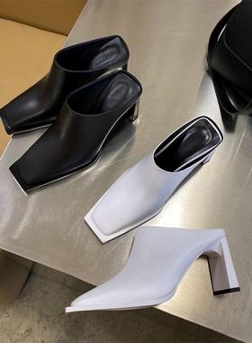 新款真皮女鞋春秋包头白色方头粗跟高跟性感大码牛皮拖鞋 40 maa