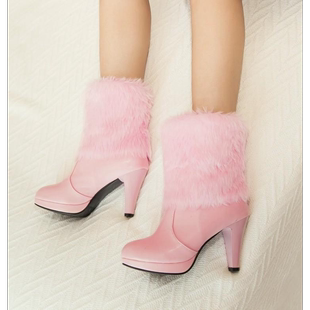 秋冬女鞋 毛毛靴白色粉红色靴子女高跟短靴短筒大码 女靴40 XSWF