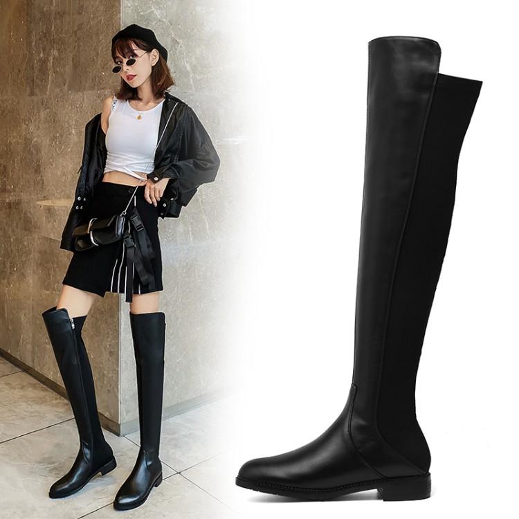 显瘦低跟弹力牛皮过膝长靴