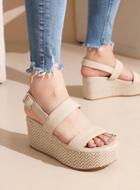 夏季松糕厚底高跟凉鞋女坡跟增高鞋粉色蓝色紫色粗跟大码女鞋 DL